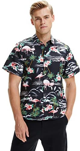 SSLR Chemise Hawaïenne Homme Flamants Fleurs Casual Manche Courte (XX-Large, Noir)
