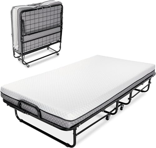 Milliard Deluxe Diplomat Folding Bed with Mattress for Adults, Twin Size, Portable Foldable Bed with Luxurious Memory Foam Mattress & Super Strong Frame, 75” x 38, Fold Up, Roll Away, & Hideaway