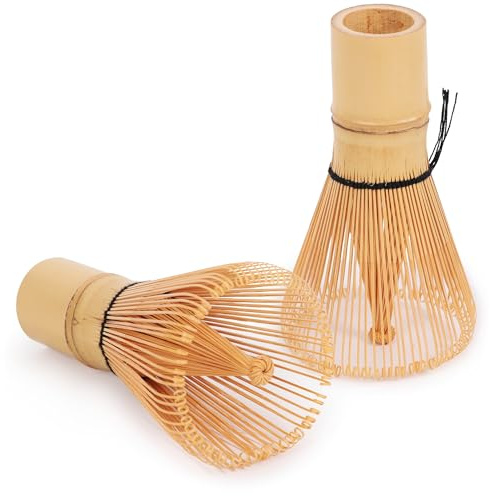 BambooMN Japanese Matcha Whisk Chasen - Traditional Handcurled 100 Tate Matcha Utensil - Natural Golden Brown - 2 Pieces