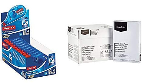 Tipp-Ex Pocket Mouse Korrekturroller mit Bandschutzkappe – Korrekturband 10m x 4,2mm – 10er Pack & Amazon Basics - Druckerpapier, 5x500 Blatt