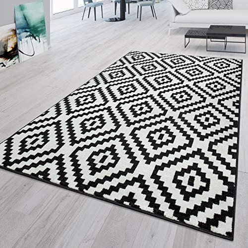 TT Home Teppich Schwarz Weiß Wohnzimmer Ethno-Design Rauten Muster 3-D Effekt Kuzflor, Größe:160x220 cm