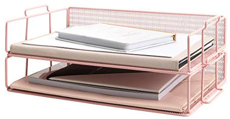 Blu Monaco Pink Desk Organizer Stackable Paper Tray Set of 2 - Metal Wire Two Tier Tray - Stackable Letter Tray - Inbox Tray for Deskâ€¦