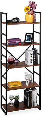 Relaxdays Bücherregal mit 5 Ebenen, Industrial, HxBxT: 158,5 x 60 x 30 cm, MDF & Metall, Büro Ordnerregal, braun/schwarz