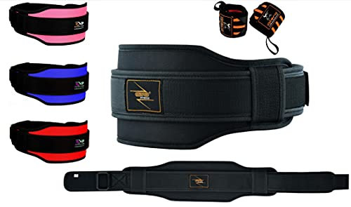 EVO Fitness Gewichthebergürtel 14 cm Neopren gepolstert Rücken Lendenwirbelstütze Home Gym Training Workout Bodybuilding Powerlifting Kreuzheben Kniebeugen mit 45.7 cm Handgelenkbandage (Rosa, M)