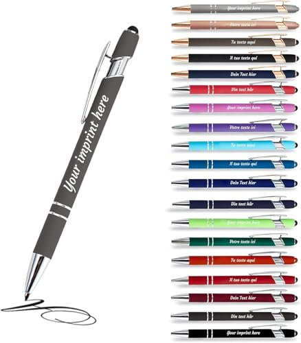 Jolis Papiers - x12 - Stift personalisiert 2 in 1 - Personalisierter Kugelschreiber mit Gravur I Chrom-Metall I Softtouch Feeling I schwarz schreiben I integrierter Stylus