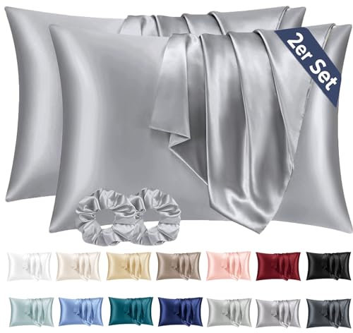 Vielit 2 Stück Satin Kissenbezug 40x60 Grau, Weich wie Seidenkissenbezug, Bessere Pflege als Silk Pillosecase, Satin Kopfkissenbezug Kissenhülle für Haar und Haut kommt mit 2 Haargummis