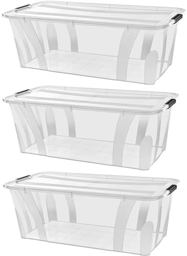 astor24 PREMIUM 3er XXL Set Aufbewahrungsbox transparent Organizer mit Deckel stapelbar. Ideal für Büro, Kinderzimmer, Küche & Werkstatt (3er Set 80 Liter)
