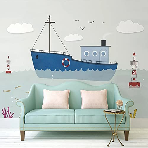KEYESMINER Photo Wallpaper Cartoon Seascape Sailboat 157.5(W) X110.2(H) inch Wall Mural 3D Wall Art Modern Print Home Decoration Design Picture Bedroom Living Room