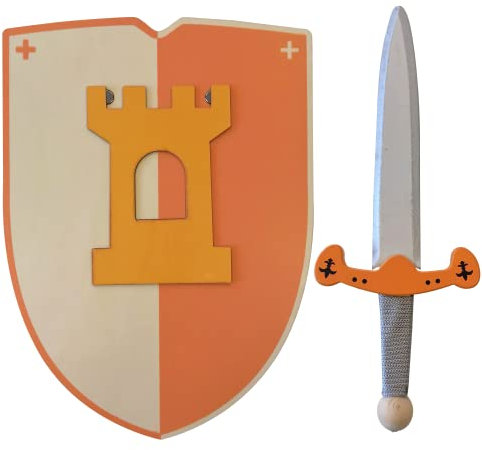 Ritter Schwert und Schild aus Holz, Handgefertigtes - Spielzeug für Kinder, Jungen und Mädchen - Kompliment für Spiele, Imitationsspiele, Kostüm, Mittelalter, Krieger, Mottoparty (Orange, 30 cm)