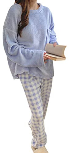 Minetom Femme Pyjama Ensemble 2 Pièces Hiver Manche Longue Chaud Doux Polaire Carreaux Vêtements de Nuit Intérieur Deux Pièces Tops et Pantalon C Bleu S