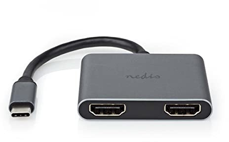 Nedis USB-C™ to Dual HDMI Adapter, MST Hub with DisplayPort Alt Mode, Supports Extended or Mirrored Display on Windows, 4K UHD 30Hz Resolution, USB Bus-Powered, Black, 10cm Cable