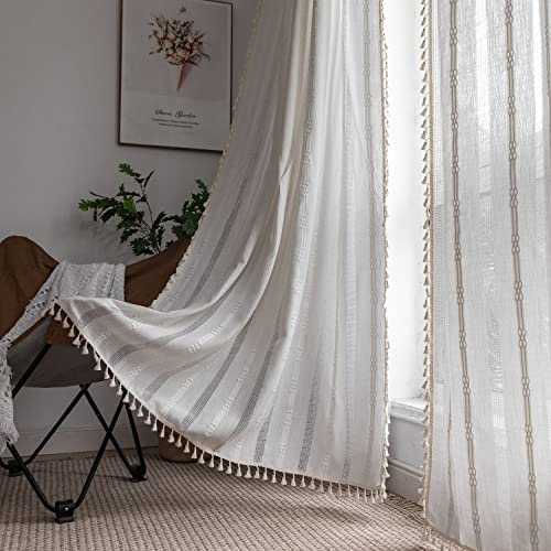 SASIGAYA Gardinen Boho Durchbrochene Bestickete Vorhänge Weiß Verdunklungen Vintage Baumwolle Leinen Vorhang Quasten Landhausstil Gardinen für Schlafzimmer Wohnzimmer 2 Stück 140×220cm