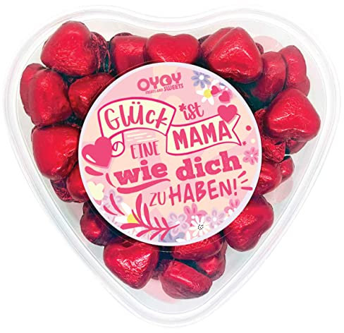OYOY Muttertagsgeschenk mit 500g Schokoladenherzen aus Milchschokolade I ca. 65 Stück I Geschenkbox in Herzform mit Glück ist eine Mama wie dich zu haben Schriftzug I Muttertagsgeschenke für Mama