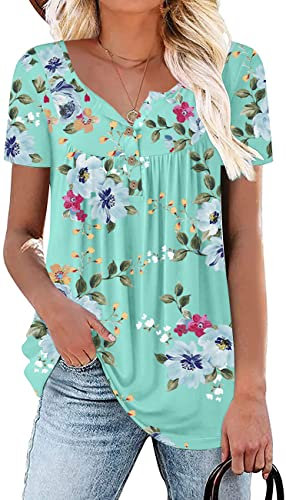 Aodemo Womens Summer Casual Tops Henley Short Sleeve Shirts Loose Fit Tunic Ladies Flowy Blouse 2XL, Mint Green