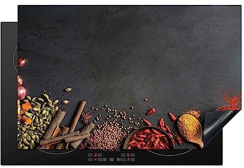 KitchenYeah© Herdabdeckplatte Einteilig Ceranfeld Abdeckplatte Küche Deko Ceranfeldabdeckung Herdabdeckung Induktionsmatte Kräuter - Beton - Lebensmittel - Gewürze - Schwarz - Paprika - 80x52 cm