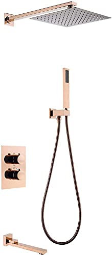 Eingebetteter Duscharmatur mit Thermostat, Roségold-Duscharmatur-Systemmischer, 20,3–25,4 cm, Regenfall-Badezimmer-Waschtischarmaturen, heißes und kaltes Duschsystem-Set mit Duschkopf und
