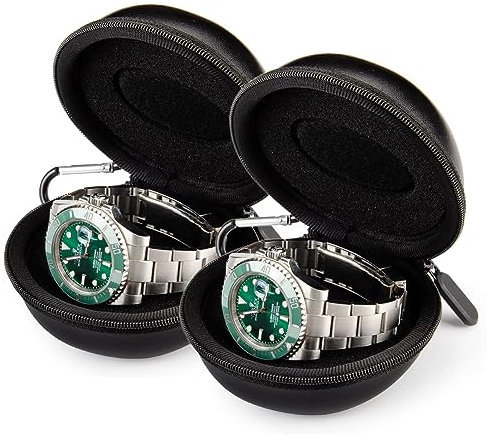 HELMDY Reise-Uhrenbox für Männer und Frauen, Uhrenbox mit Reißverschluss, mit Karabinerhaken Und Schwamm, Tragbare runde Uhr Aufbewahrungsbox, Geeignet für alle Uhren unter 50 mm (Schwarz-2 Stück)