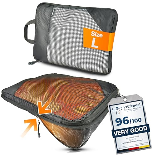TRAVELY Packing Cubes Compression - 1x Größe L - Packwürfel Kompression als Koffer oder Rucksack Organizer - Packtaschen für Reise, Packbeutel, Kompressionsbeutel