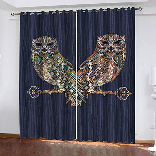 VOYADE 2Er Set Blickdicht Vorhänge Wohnzimmer, 3D Zwei Eulen Muster Blickdicht Schlaufenschal Verdunkelungsvorhang, Lärmminderung Gardinen Fensterdekoration 260X280cm(HXB)
