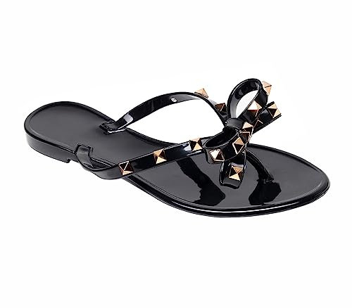 Libbook Damen-Sandalen mit Nieten, flache Jelly-Schuhe, Zehentrenner mit Schleife, zum Hineinschlüpfen, Sommer, Strand, Nieten, elegante Slides, Schwarz, 7