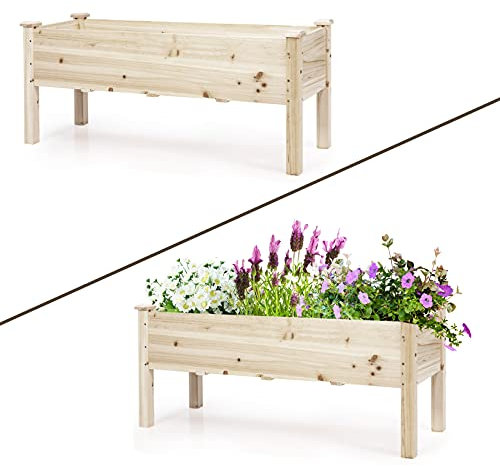GOPLUS Jardinera de Madera de Abeto, Maceta Elevada con 5 Agujeros de Drenaje, Huerto Urbano para Flores, Verduras, Cama para Cultivo, Capacidad de 100 kg, para Jardín Balcón, 120 x 43,5 x 51 cm