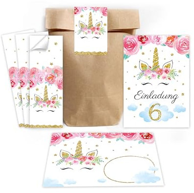 Minkocards 12 Einladungskarten zum 6. Kindergeburtstag Mädchen Einhorn Einladung sechste Geburtstag Mädchengeburtstag incl. 12 Umschläge, 12 Partytüten/natur, 12 Aufkleber