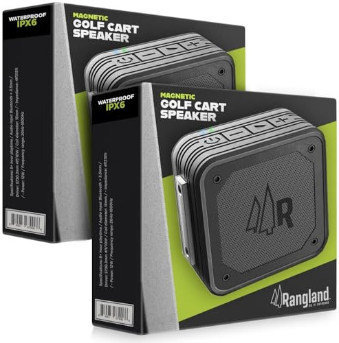 RANGLAND Magnetic Dual Pairing Stereo Bluetooth Speakers for Golf Carts (2 Pack) Waterproof IPX6, Wireless Surround Sound with Built-in Magnet Bar Mount - Portable for Travel, Job Sites and Golfing