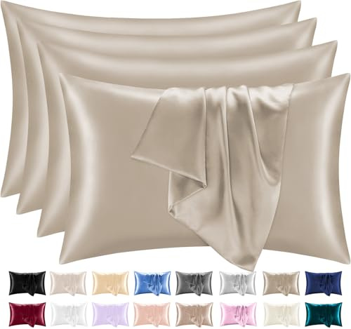 Lazzaro Satin Silk Pillowcases for Hair and Skin - Hypoallergenic Silk Pillow Cases 4 Pack with Envelope Closure - Ultrasoft Standard Size Taupe Silk Pillowcases (50 x 75 cm)