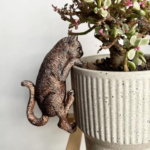 JARPSIRY Vintage Bronze Climbing Cat Statue Flower Pot and Vase Hugger Figurines Terrarium Planter Edge Decor Resin Art Patio Lawn Yard Ornaments Outdoor Fence Decorations