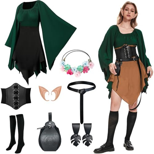 PORJDN Mittelalter Kleidung Damen Traditionelles Irisches Kleid Goth Dress Renaissance Elfen Kostüm mit Elfenohren,Haarschmuck,Overknee Socken für Halloween Kostüm Cosplay. (Braun, L)
