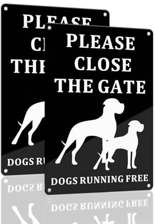 SINMAO Please Close Gate Sign Dogs in Yard Metal A4 Size Vertical Dogs Running Free Sign Rust Free Heavy Duty Aluminum Reflective, UV Protected and Weatherproof - Easy to Mount Black x2