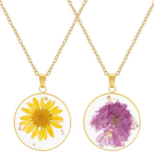 MWOOT Collar de 2 Piezas con Flores Prensadas, Collar de Flor de mes de Nacimiento, Joyería Hecha a Mano para Mujeres y niñas, Margarita