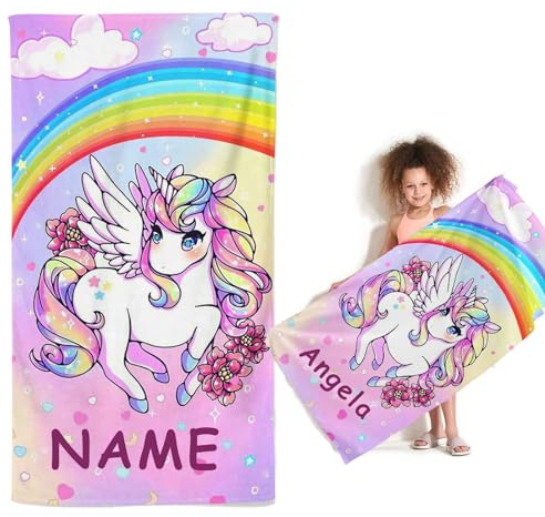 KIDSLOVE Personalisiert Einhorn Strandtuch Mit Namen, Cartoon Einhorn Handtuch mit Namen Badetuch für Jungen, Mikrofaser Strandtuch Groß 90x180cm Badetuch Handtuch für Strand (40 x 80 cm,1)
