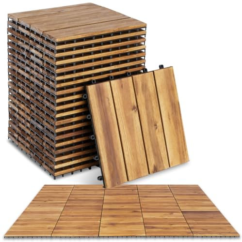 tectake® Set di 20 Piastrelle in Legno di Acacia per Esterno, 4 Doghe Ciascuna, Sistema a Clic, Pavimento per Terrazza e Balcone, Piastrelle per Giardino