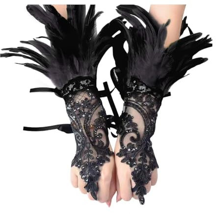 songyea Damen Schwarz Feder Handschuhe, Vintage Spitzenhandschuhe, Gothic-Netzhandschuhe, Fingerlose Lange Handschuhe für Hochzeit Halloween Cosplay (Schwarz, Standard)