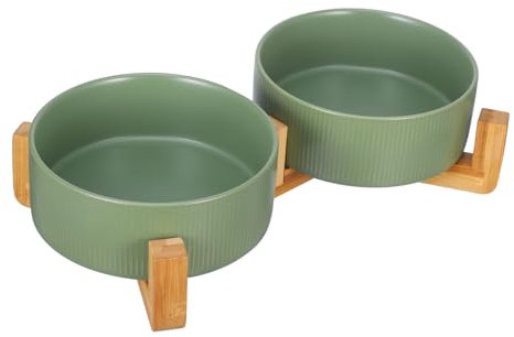 HANABASS Ceramic Elevated Double Pet Bowls Wooden Stand, Matte Green Raised Cat and Dog Food Water Bowls Anti-spill for Small to Medium Pets