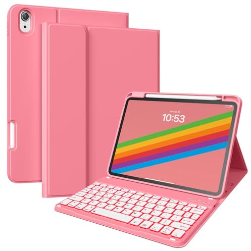 ZKTUYU Backlit Keyboard Case For iPad 11th 10th Generation 11 inch 10.9 inch 2025 2022 A16 with Pencil Holder, Multi-angle Magnetic Detachable Wireless Bluetooth Keyboard Cover, Pink Red
