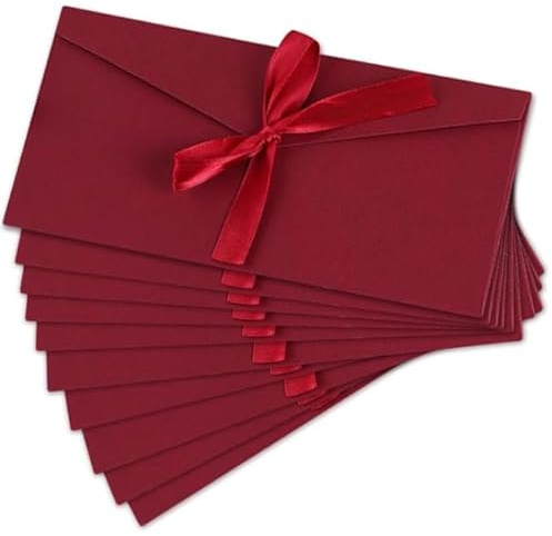 CXNXFD 10PCS 22cm*11cm Solide Farbe Kraftpapier Umschlag Weinrot Umschlag mit Schleife Exquisite Vintage Rectangular Einladungskarte Geburtstagskarte Postkarte Grußkarte
