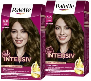 Palette Intensiv Creme Coloration 6-0 Light Brown (2 x 115 ml), permanente Haarfarbe für leuchtende, langanhaltende Farbbrillanz & 100% Grauabdeckung