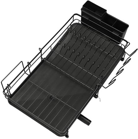 JTLB Escurridor de platos multifunción, expandible, con soporte para utensilios para encimera de cocina y fregadero, color negro