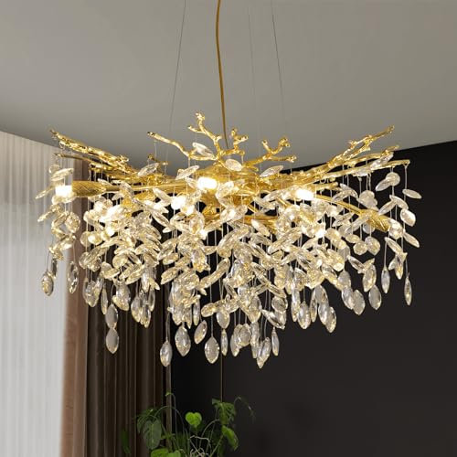 Moderne Kristall-Kronleuchter Wohnzimmer,Luxury Gold Pendelleuchte Aus K9 Kristall Aluminium Baumzweigen,Rund 10-Light HäNgelampe Leuchte FüR Esszimmer,Schlafzimmer,Hohe Decke 80Cm