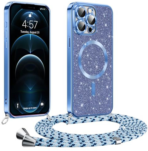 Phoona Glitter Funda para iPhone 12 Pro MAX 6,7 con Cuerda, Ajustable Teléfono Cordón, Compatible con MagSafe, Anti-Caída, Carcasa Protectora Silicona AntiChoque, Azul