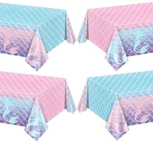 PTECDROTS Meerjungfrau-Tischdecken, rechteckige Meerjungfrau-Tischdecken, Einweg-Tischdecken für Mädchenpartys, unter dem Meer, Babyparty, Meerjungfrauen-Partyzubehör, 130 x 220 cm, 4 Stück