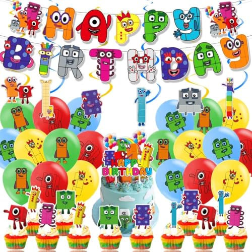 Number Birthday Decorations, 40PCS Blocks Theme Party Decorations with Happy Birthday Banner Balloons Cake Topper Cupcake Toppers Spiral Decorations for Kids Decoration Supplies