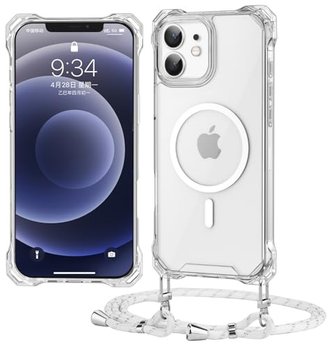 Ciciber Ttusy Handykette Hülle für iPhone 12/12 Pro mit Band, Transparente Blumen Magnetisch Handyhülle [Kompatibel mit Magsafe] mit Kordel zum Umhängen Necklace Hülle für iPhone 12/12 Pro - Weiß