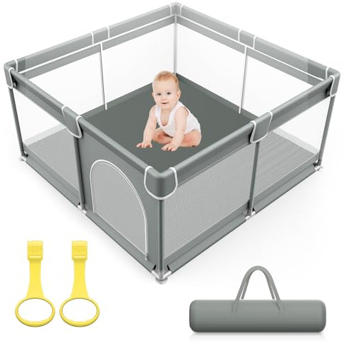 Laufstall Baby 127x127cm, Laufgitter Baby mit Rutschfester Basis und Atmungsaktivem Netz, Kinder Sicherheitsspielplatz, Laufgitter 300D Oxford Gewebe, mit 2 Pull Rings, für Drinnen & Draußen