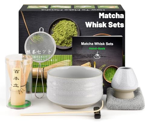 7 Pieces Japanese Matcha Ceremony Kit, Natural Bamboo Matcha Beater, Matcha Bowl, Bamboo Scoop, Strainer, Tea Towel, Whisk Holder, Complete Matcha Set, Bright White