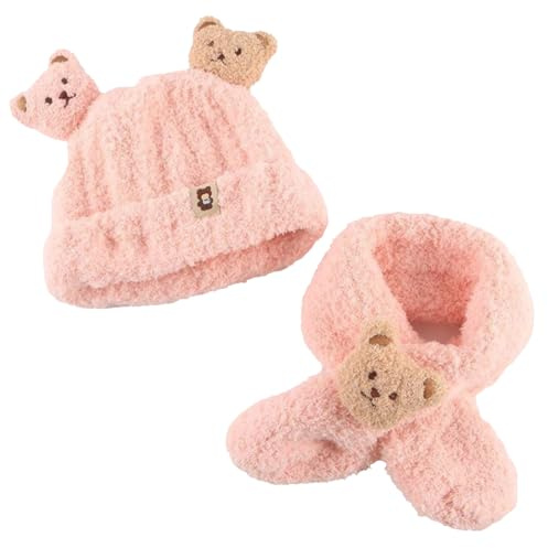 PORUPAEL Neugeborenes Baby Mütze Schal Set, Wintermütze Babies, Mütze Jungen mit Bär Pompom, Warme Baby Mütze Mädchen, Babymütze Schalmütze für 0-24 Monate alt Babies