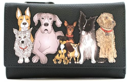 Kennel Crew Large Tri-Fold Purse by Mala – Genuine Leather Dog Appliqué Wallet with RFID Protection, Card Slots & Gift Dust Bag – Dark Grey – 14 × 9 × 3 cm (Grey)