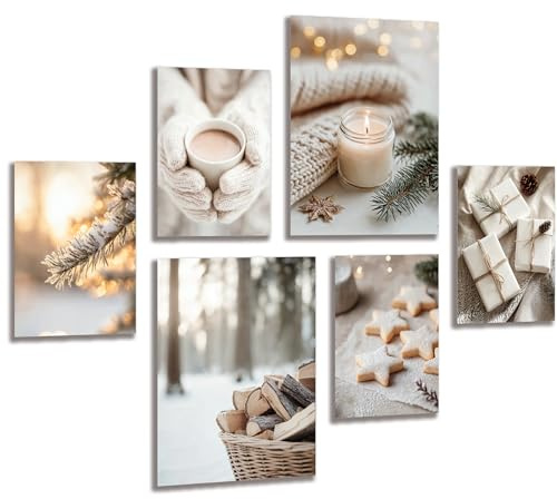 LAVEMA Winter Bilder Hygge Wandbilder Wohnzimmer Poster Set Schnee Ästhetische Wanddeko (ohne Bilderrahmen) Weihnachten Modern Beige Boho Cozy Christmas Deko Skandinavisch Schlafzimmer Flur Winter